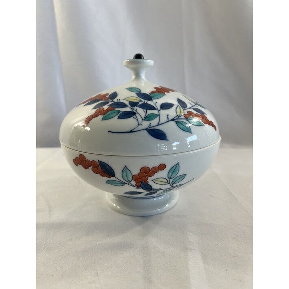 Vintage White Ceramic Footed Bowl W/Lid Hand Painted Floral #197